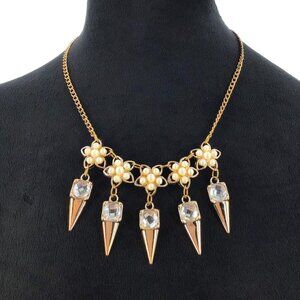 Spike Fringe Necklace Faux Pearl Flowers Gold Tone Rhinestone